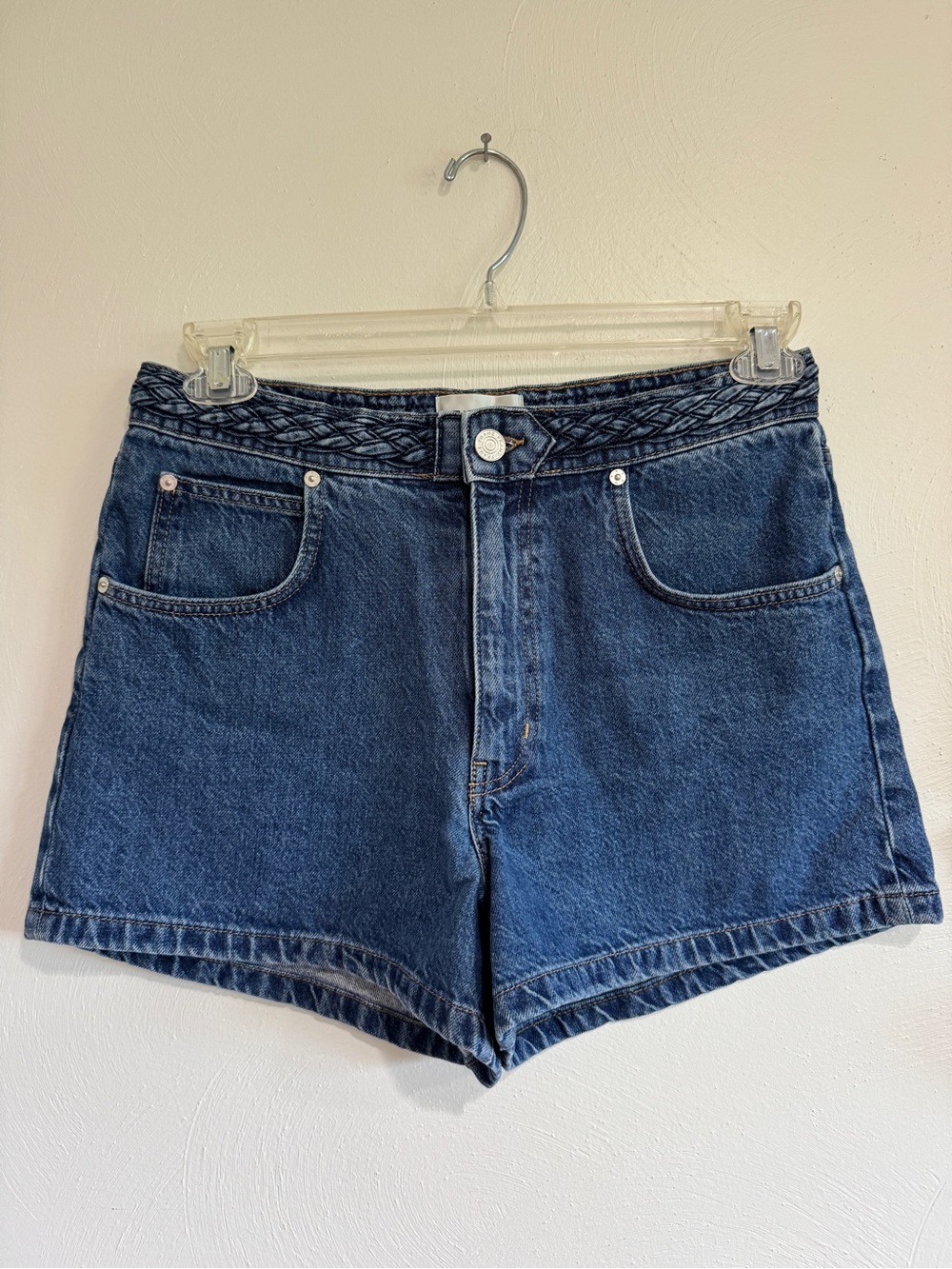 Frame Denim Braided Waist High-Rise Blue Jean Shorts